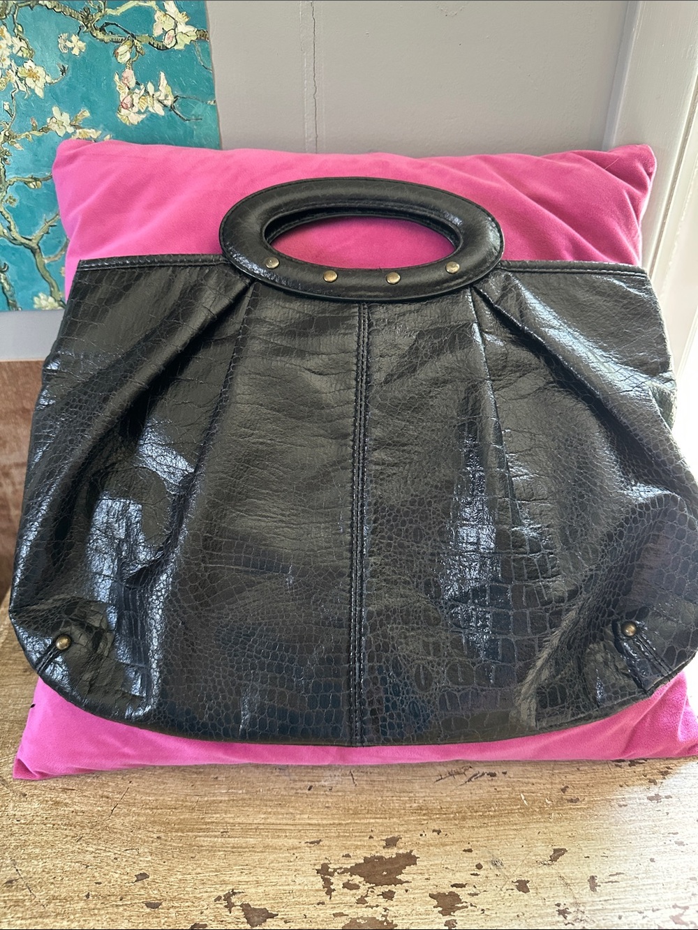 LOFT Ann Taylor Black Faux Croc Round-Handle w Stud Accents Tote